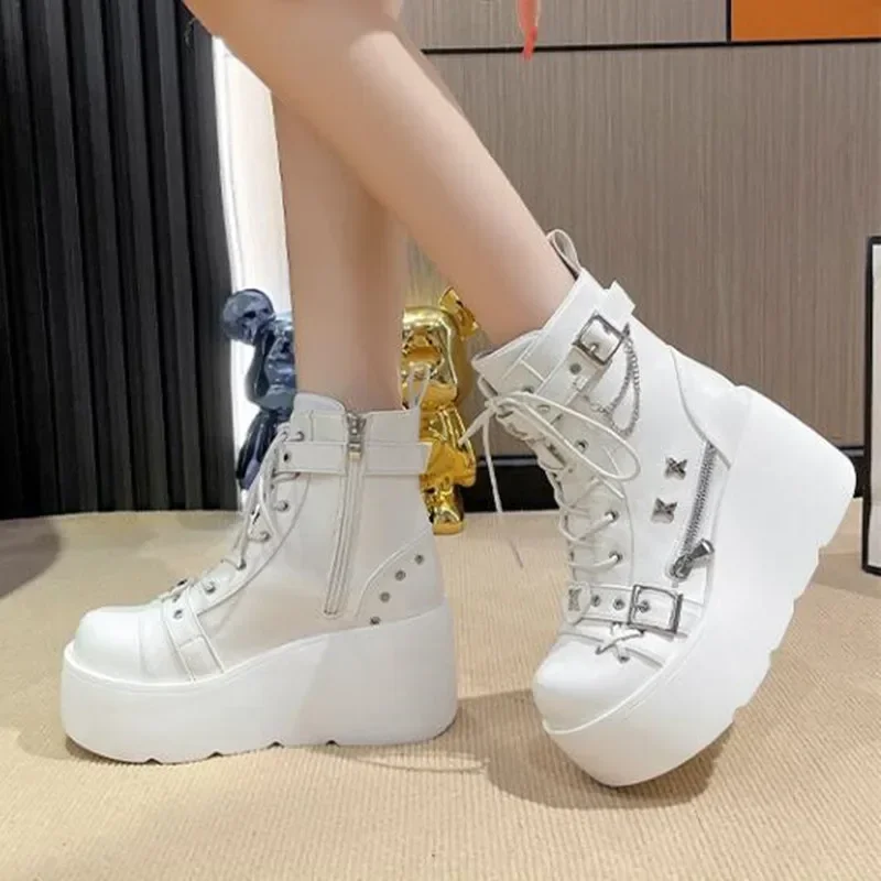 디자이너 여성 플랫폼 고딕 발목 전투 부츠 리벳 체인  - Motorcycle Chain 리뷰 및 가격